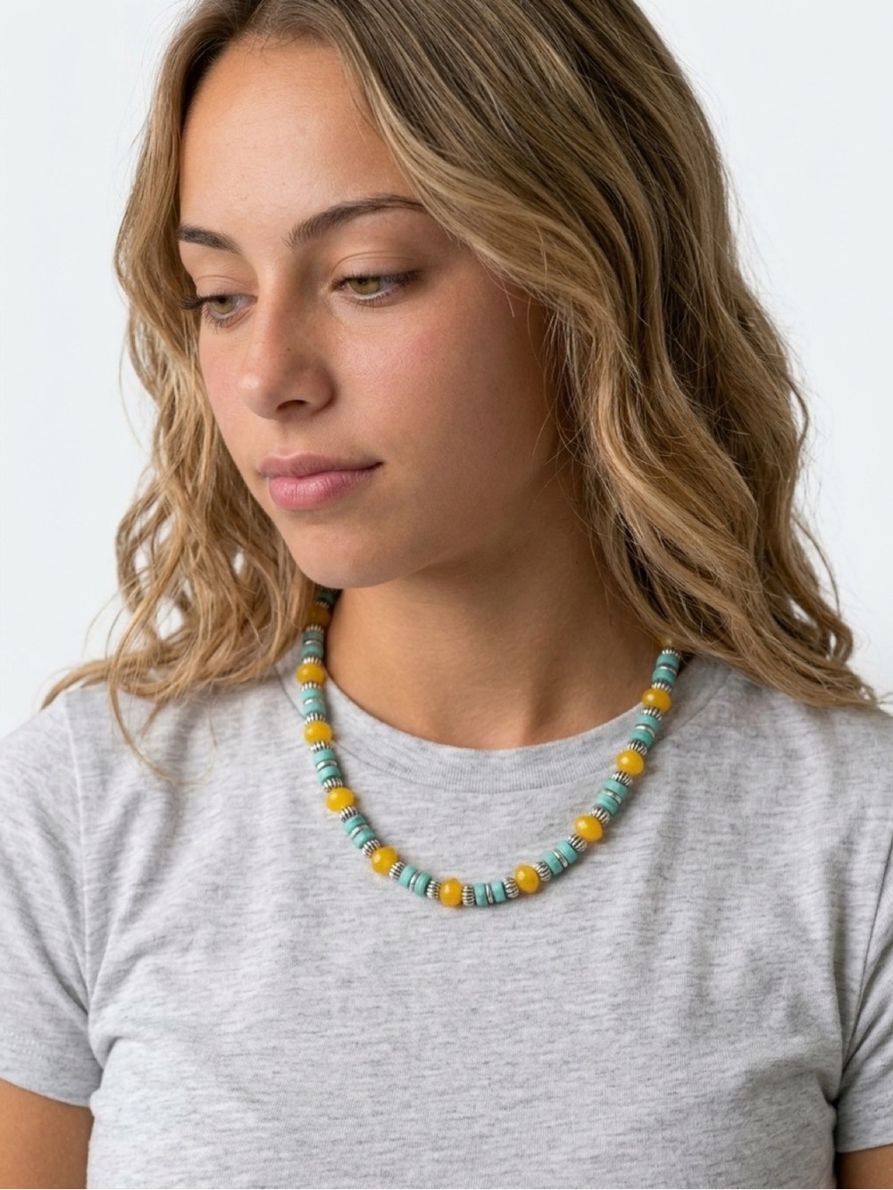 Yellow Citrine and Turquoise Howlite Beaded Handmade Women’s Necklace .